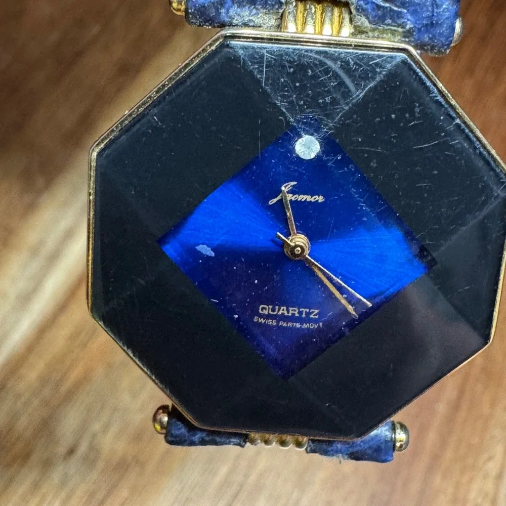 Vintage Fromor Octagonal Quartz Watch Blue Dial Swiss Leather Strap For Parts